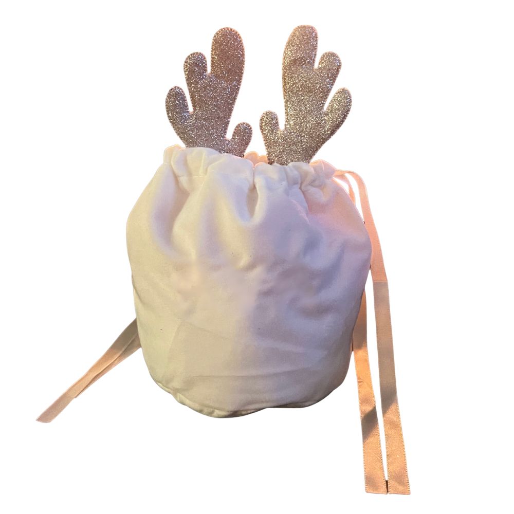 Personalised White Drawstring Bag with Sparkly Antlers