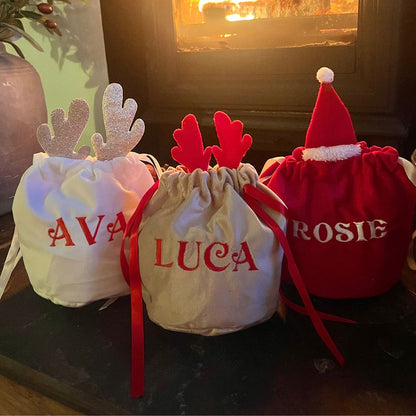 Personalised Beige Drawstring Bag with Red Antlers
