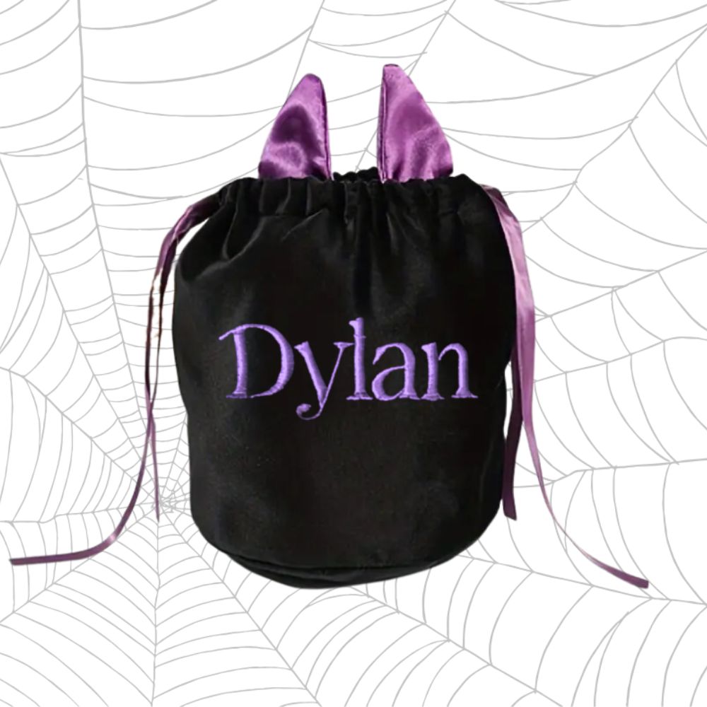 Personalised Black Drawstring Bag with Purple Ears