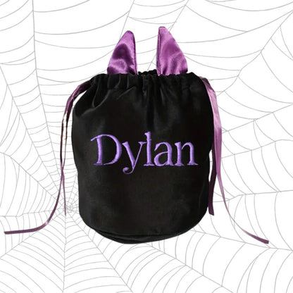 Personalised Black Drawstring Bag with Purple Ears