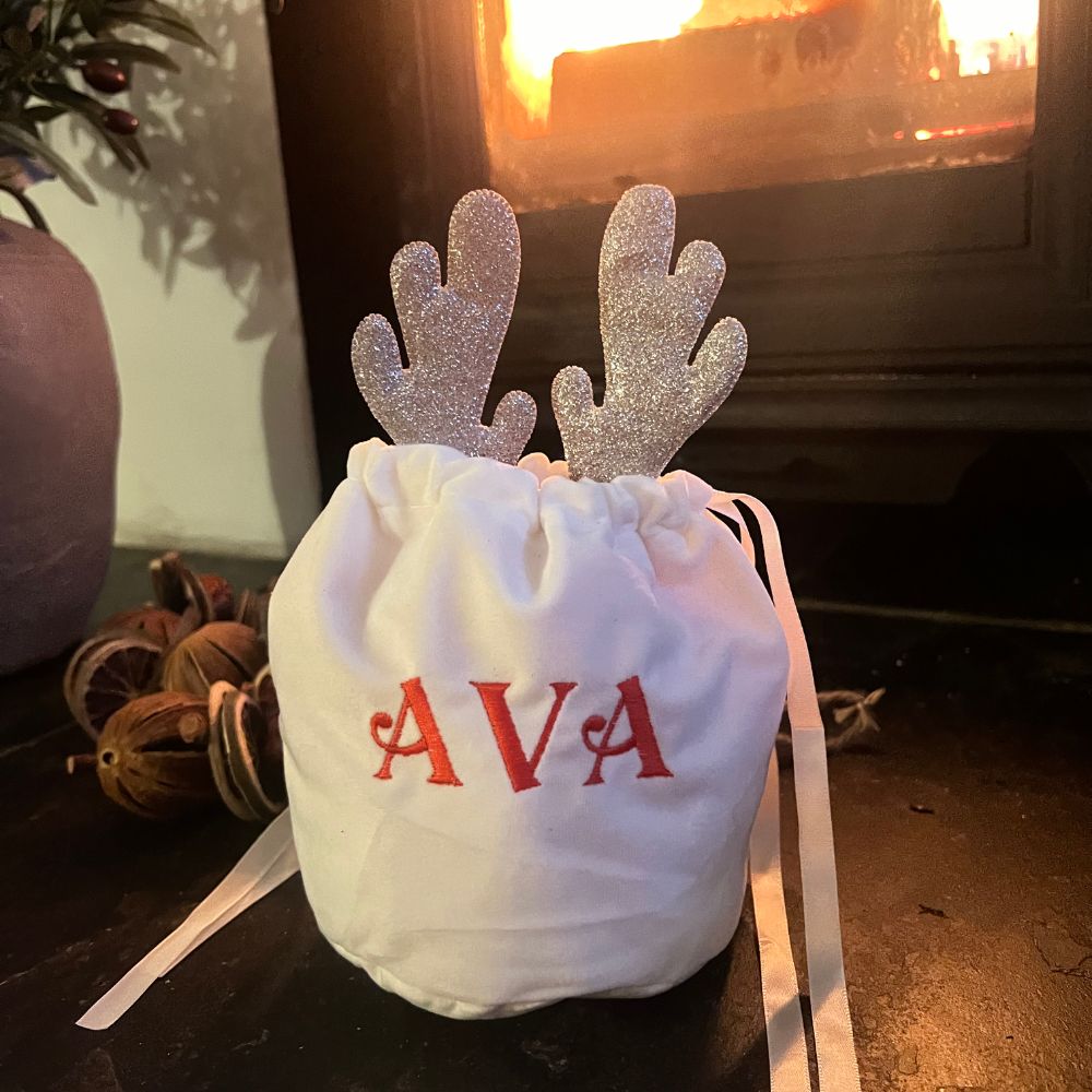 Personalised White Drawstring Bag with Sparkly Antlers