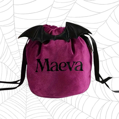 Personalised Purple Drawstring Bag with Black Bat Wings