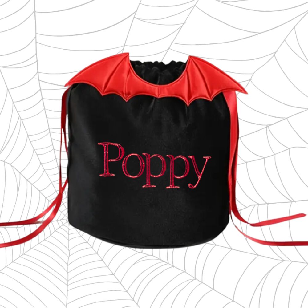 Personalised Black Drawstring Bag with Red Bat Wings