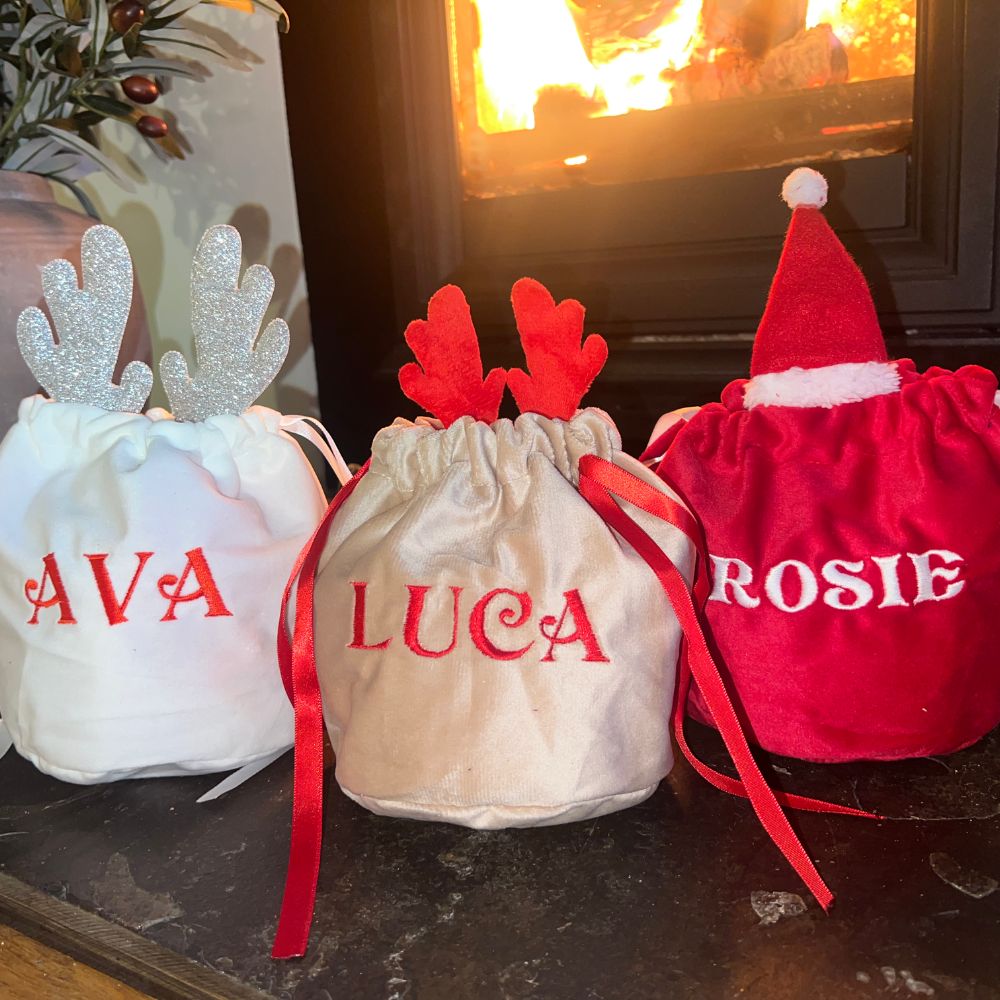 Personalised Beige Drawstring Bag with Red Antlers